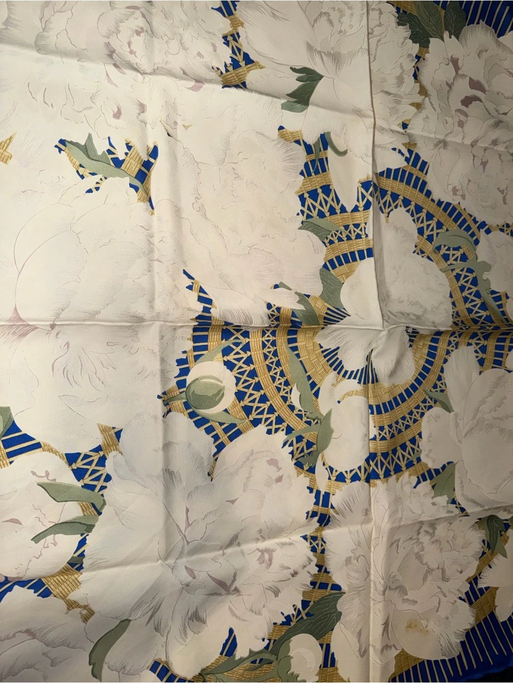 Hermes La Maison Blue White Gold Floral Silk Scarf